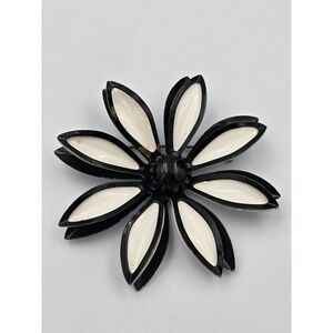 Vintage Black White Enamel Flower Brooch Pin Mod Daisy Style Mid Century Jewelry